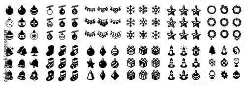 Holiday icons with ornaments bells wreaths minimal
