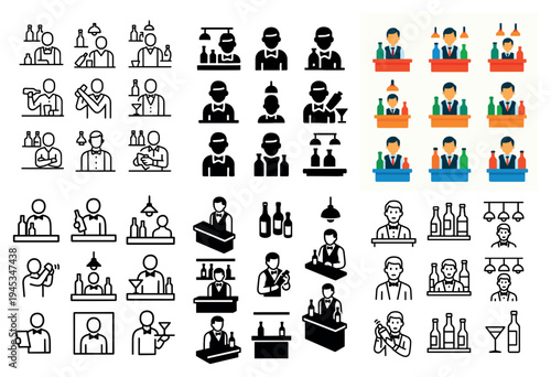 Hospitality icons with bartender bottle flat