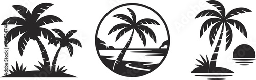 Tropical palm tree silhouette vector set, summer beach island landscape icons, sunset ocean shore, exotic vacation travel symbols