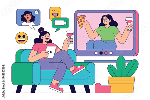 A woman enjoys a video call with a friend while sitting on a couch, eating pizza and drinking wine.