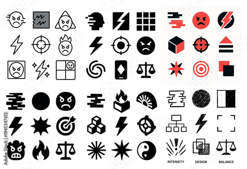 Warning icons with lightning target angry face bold