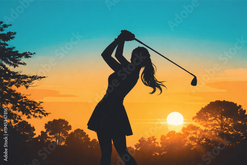 Active woman golfer silhouette standing in the summer sunset landscape enjoying freedom and a healthy lifestyle in nature