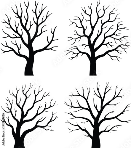 Bare tree silhouette collection, dead winter branch icons, spooky halloween forest elements, leafless oak wood landscape vector design