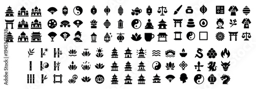 Asian icons with pagoda lotus yin yang minimal
