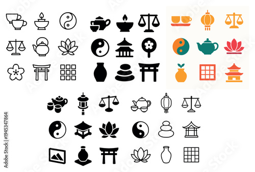Tea icons with teapot and lotus minimal