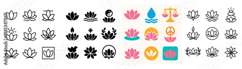 Wellness icons with lotus flower water minimal