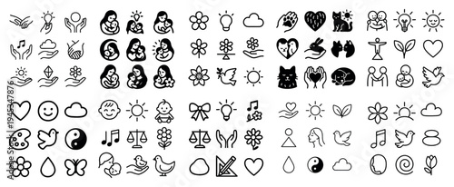 Family icons with mother and heart outline minimal