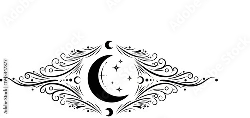 Ornate crescent moon with stars and swirling floral elements