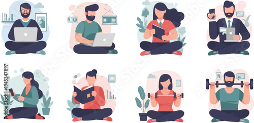 People engaged in various activities like working, reading, and exercising