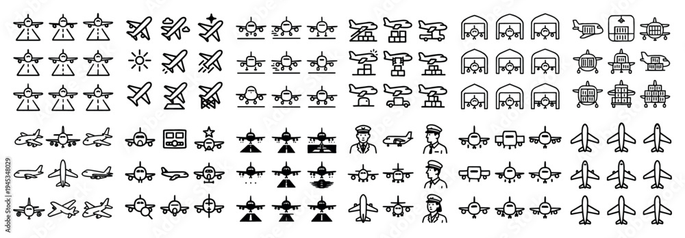 Fototapeta premium Aviation icons with airplanes pilots runways outline