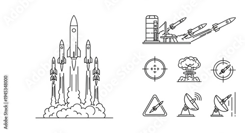 Collection of rocket and space exploration illustrations.