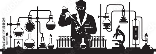  Science Lab in silhouette on white background.