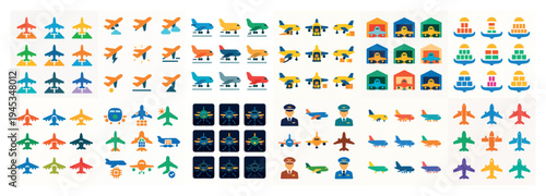 Aviation icons with airplane pilot hangar colorful