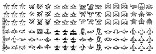Aviation icons with airplanes pilots runways outline