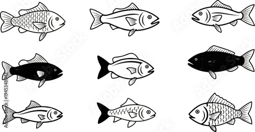 Nine black and white fish illustrations arranged in three rows