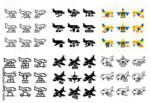 Aviation transport icons with plane box cargo flat outline