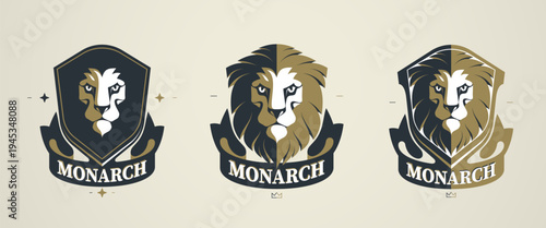 Royal lion emblem set symbolizing monarchy, power and authority, vector designed in classic heraldic style for premium brands, luxury logos, empires and elite identity projects.