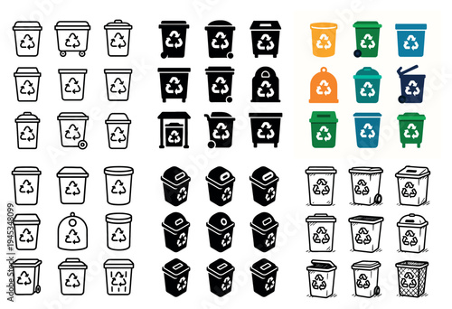 Recycling icons with bin bag container minimal