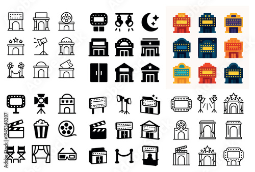 Entertainment icons with marquee popcorn ticket outline