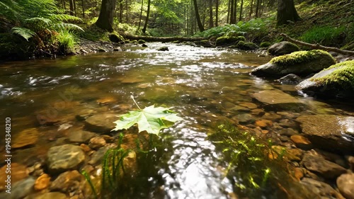 Vibrant green forest stream flows. Clear water gracefully moves over mossy rocks. single leaf floats, creating tranquil nature scene