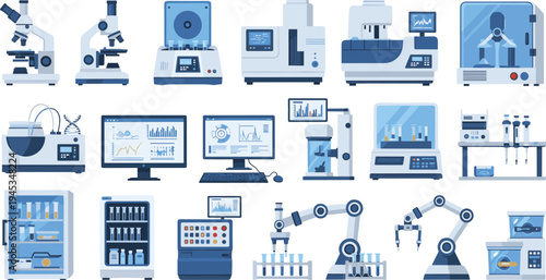 Modern Research Laboratory Equipment Collection with Microscopes DNA Analyzer Lab Robots Computers and Advanced Scientific Instruments Vector Set