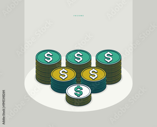 Income concept poster, coin stack vector icon style illustration, revenue and interest metaphor, exchange.