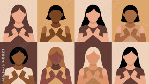 A diverse group of women with their hands clasped together in a symbol of unity and solidarity