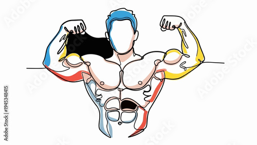 Muscular figure flexing, abstract line art with bold color accents