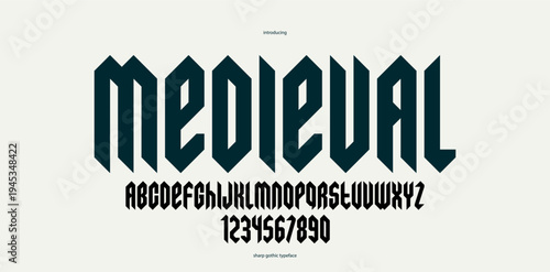 Sharp and bold gothic font for logo creation of for headlines, edgy geometric modern vector typeface, heavy metal and hard rock style alphabet with numbers.