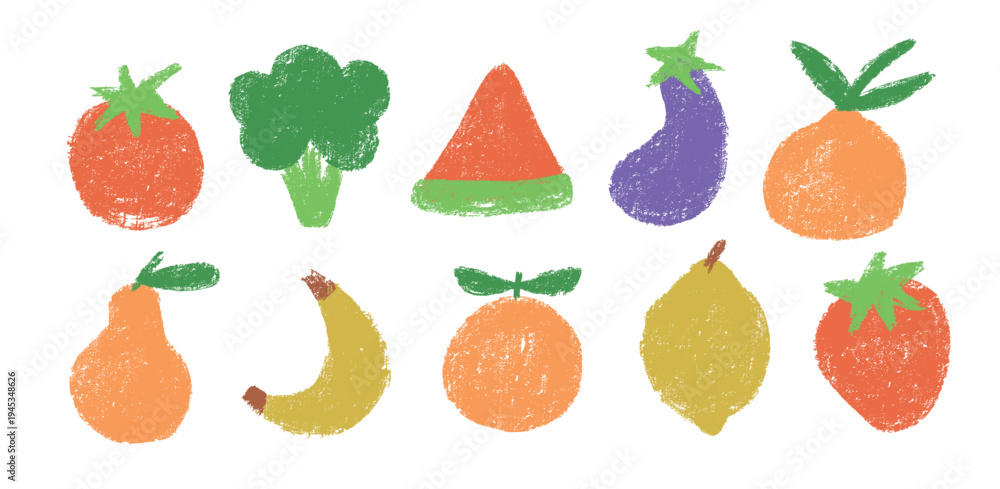 Obraz premium Hand drawn chalk fruit elements. Simple minimalistic vegetables. Strawberry, lemon and watermelon. Childish naive style.