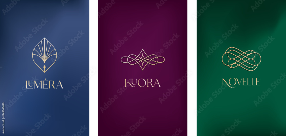 Fototapeta premium Luxury elegant line art logo design set on dark color gradient background. Minimalist gold linear icons collection.