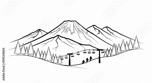 Snow-covered mountains with ski lift, trees, and skiers