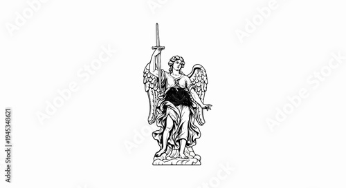 Angelic figure in flowing robes with raised sword and feathered wings