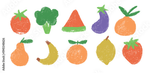Hand drawn chalk fruit elements. Simple minimalistic vegetables. Strawberry, lemon and watermelon. Childish naive style.
