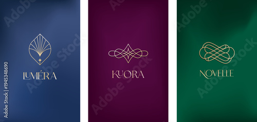 Luxury elegant line art logo design set on dark color gradient background. Minimalist gold linear icons collection.