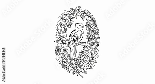 A stylized bird perched on a branch, framed by lush foliage