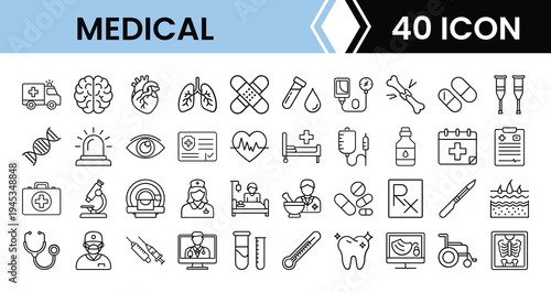 Outline Medical Icon Set 40 in Line Art Style for Healthcare Services, Hospital, Diagnosis, Treatment, and Digital Interface Design