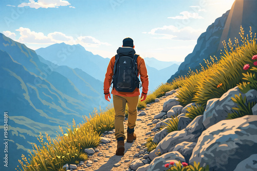 An active woman with a backpack enjoys a summer trekking adventure, hiking to a rocky mountain top in the Alps to admire the breathtaking landscape and sky view