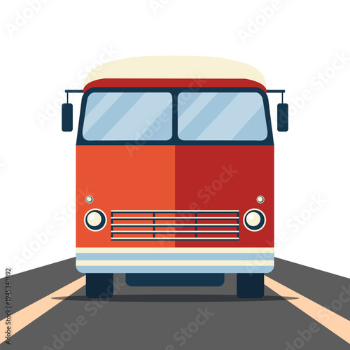 Vintage bus on the road. Front view of a retro bus. Illustration.