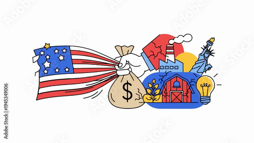 American economy symbolized by flag, money bag, industry, farm, and Statue of Liberty
