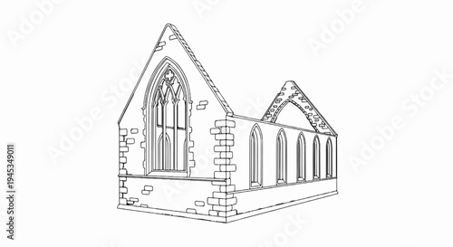 An architectural sketch of a stone building with Gothic windows