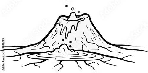 Stylized black and white illustration of a erupting volcano