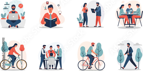 Colleagues collaborate, individuals work, exercise, and relax in diverse settings