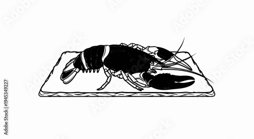 Stylized black and white illustration of a crawfish on a rectangular platter