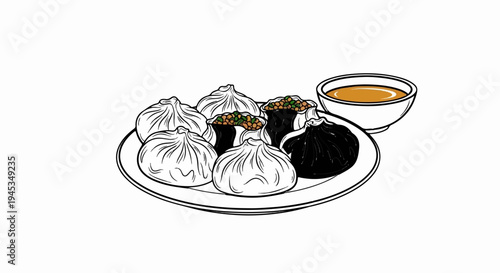Steaming dumplings served on a plate with dipping sauce