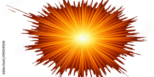 A vibrant vector illustration of a hot fire explosion featuring a bright sunburst pattern with orange and red rays of energy radiating across a warm yellow textured background design