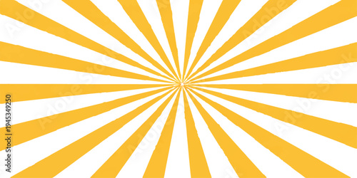 Vibrant orange and yellow sun rays burst from a central starburst design in this sunny summer vector illustration, featuring a warm sunrise pattern with a subtle grunge art texture