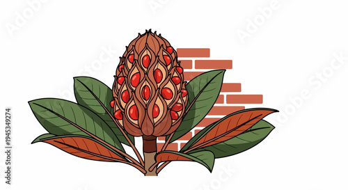 Detailed botanical illustration of a mature magnolia seed pod with bright red seeds