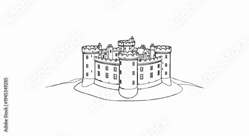 Detailed line art illustration of a medieval castle on a grassy mound