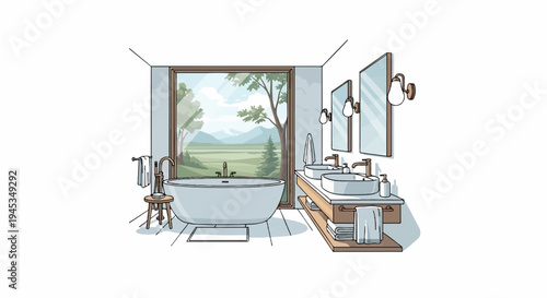 Relaxing bathroom with a large bathtub overlooking a serene landscape